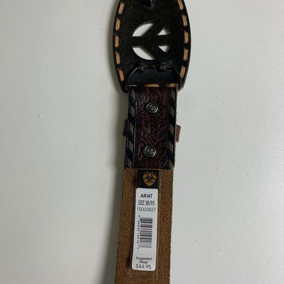 Ariat Peace Buckle Rhinestone Brown Leather Tooled Belt Western Mens 38 - Picture 5 of 8